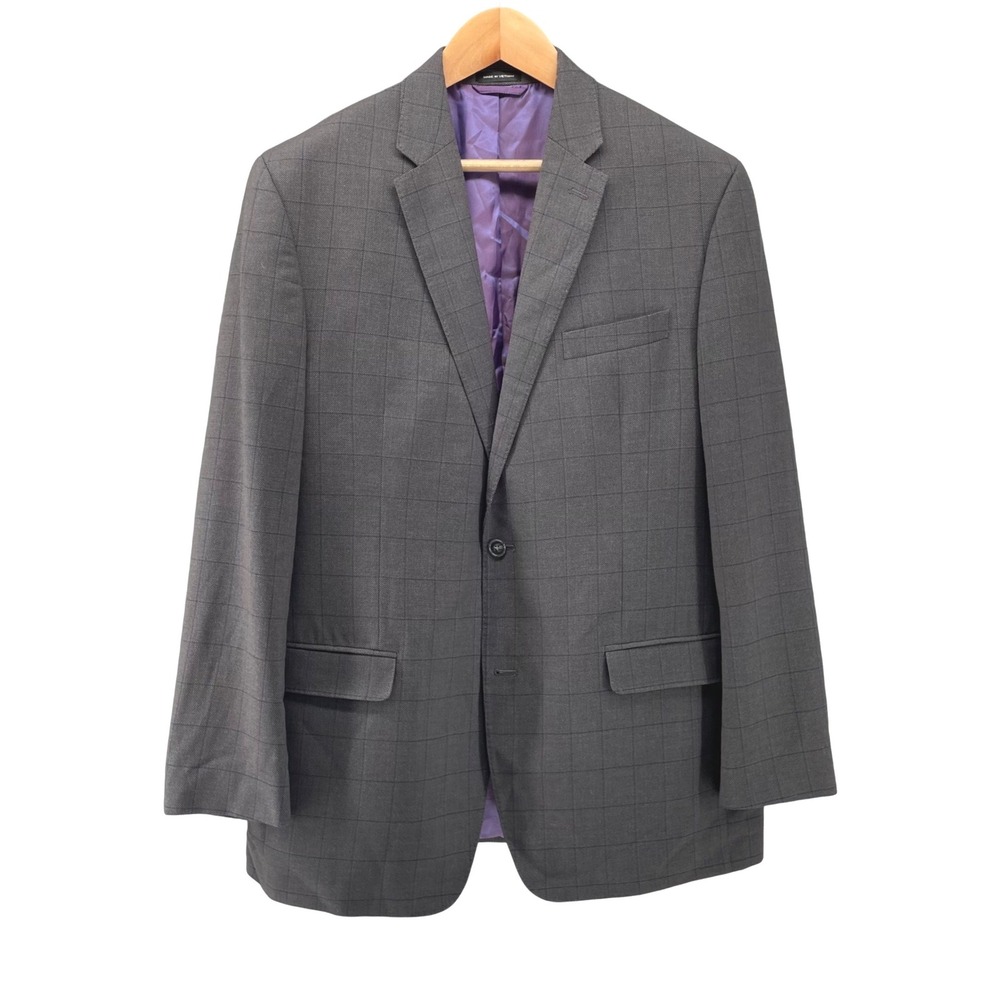Sean John Mens 44L Blazer Charcoal Indigo Windowpane Purple Lining Suit Jacket - Picture 2 of 14